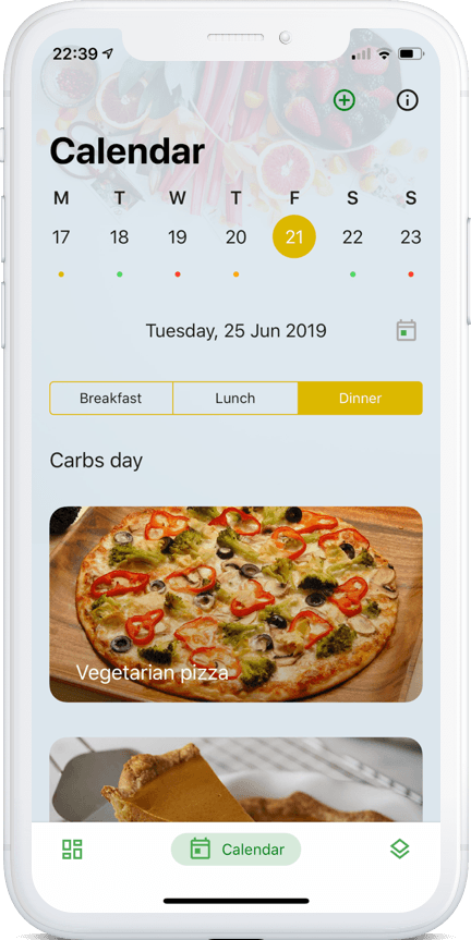 Original Rina app calendar displaying carbohydrate day