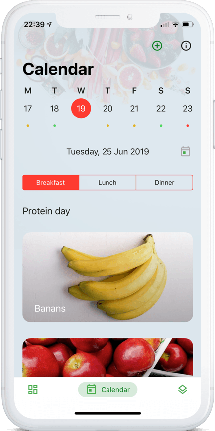 Original Rina app calendar displaying protein day and breakfast ideas