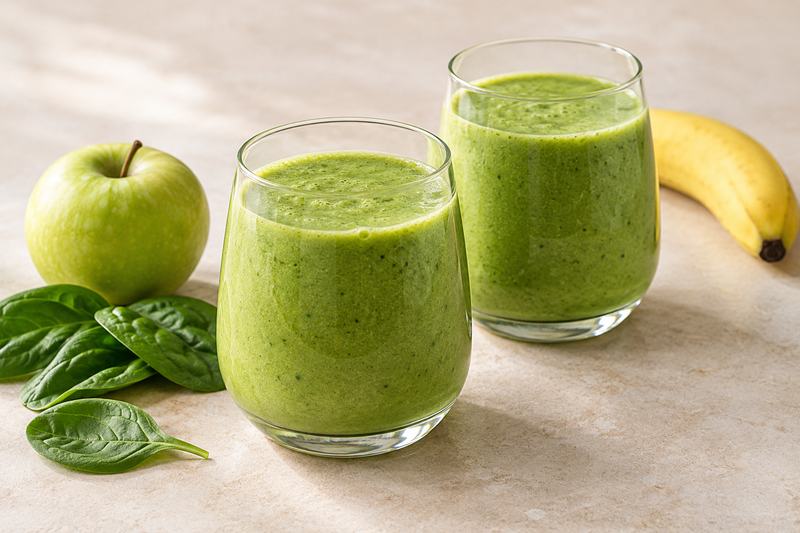Green apple, banana and spinach smoothie in two glasses