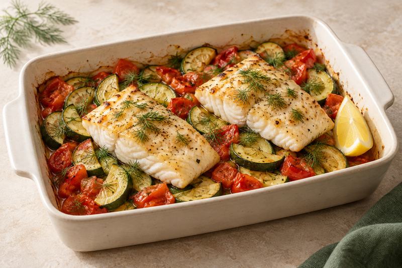 Baked fish fillets with courgette, tomatoes, dill and lemon