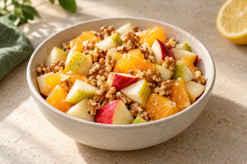 Fruit salad with apple, pear, orange and walnuts