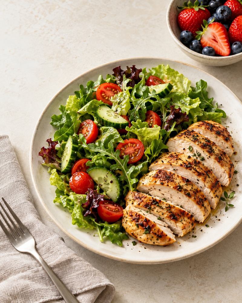 Grilled chicken and fresh green salad on a ceramic plate, with berries nearby