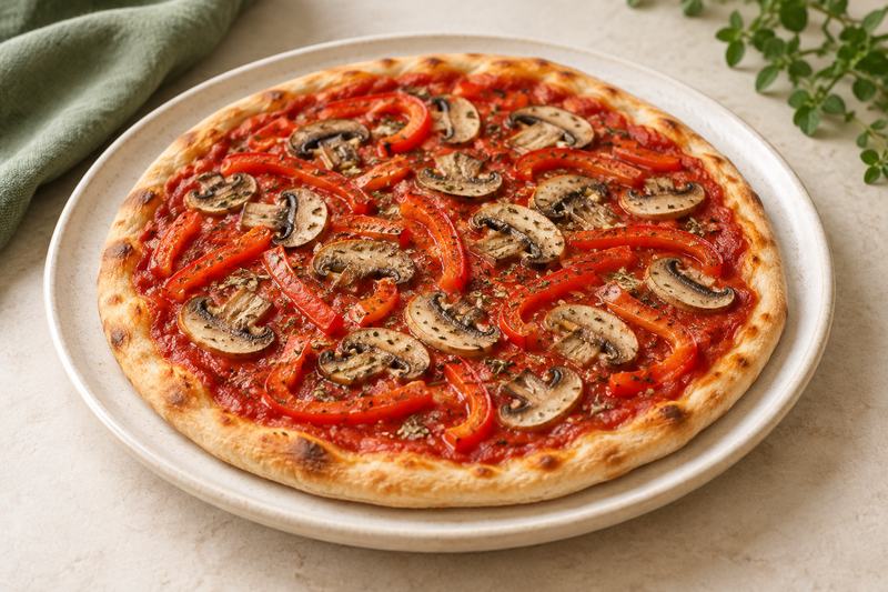 Cheeseless pizza with tomato sauce, mushrooms, red pepper and oregano