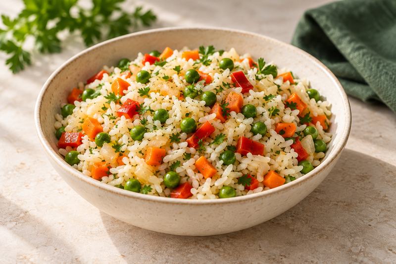Rice with peas, carrot, red pepper and parsley